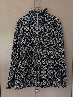 Lands' End Women's Black and White Geometric Pullover With Zip L
